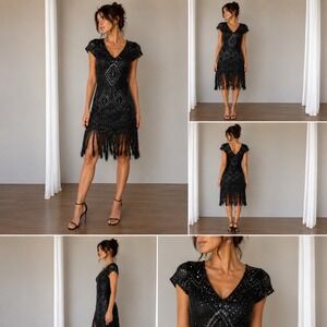 Black Sequin Fringe Flapper Dress Womens Small Gatsby 1920s Party